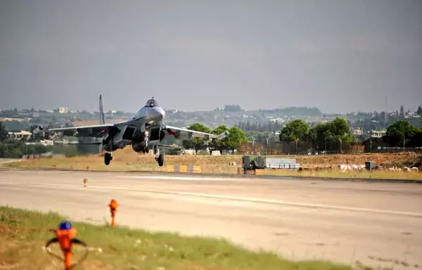 A Russian Sukhoi Su-35 fighter takes off at the Russian military base of Hmeimim, located southeast of Latakia in Hmeimim, Latakia province in Syria, on September 26, 2019. [Maxime Popov/AFP]