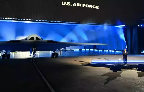 US Secretary of Defence Lloyd Austin speaks at the B-21 Raider unveiling ceremony at Northrop Grumman's Air Force Plant 42 in Palmdale, California, last December 2. [Frederic J. Brown/AFP]
