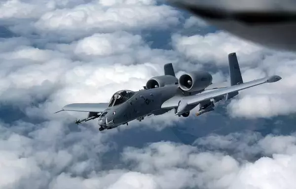 An A-10 Thunderbolt II departs after receiving fuel in the skies on July 7, 2021. The A-10 is designed for close air support of ground forces combating adversarial ground forces, including tanks and other armoured vehicles. [US Air National Guard]