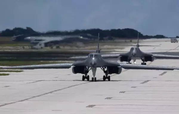 Two US Air Force B-1B Lancers prepare to take off from Andersen Air Force Base, Guam, June 6, in support of a Bomber Task Force integration mission in the Indo-Pacific region. [US Air Force]