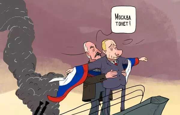 Cartoon depicts Belarusian President Alyaksandr Lukashenka whispering into Russian President Vladimir Putin's ear "the Moskva is sinking", reminiscent of the famous scene in the movie Titanic between characters Jack and Rose. [Caravanserai]