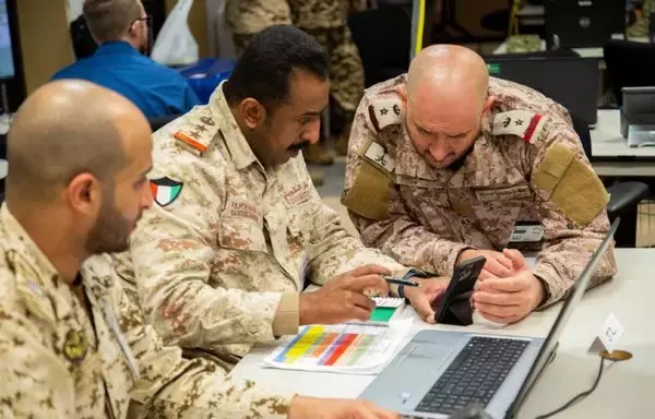 Senior staff officers from Bahrain, Kuwait and Saudi Arabia, conduct a scenario-driven intelligence analysis to identify potential threats to their countries' airspace during Eagle Resolve 22 that was held at Fort Carson, Colorado, March 12, 2022. [US Army]