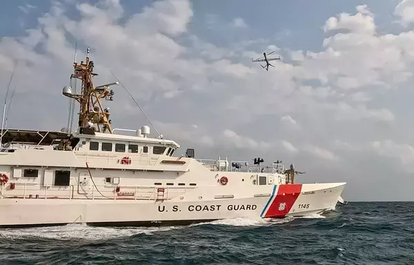 An Aerovel Flexrotor unmanned aerial vehicle takes off from US Coast Guard fast response cutter USCGC Emlen Tunnell transiting the Arabian Gulf on December 7, 2022. US 5th Fleet’s Task Force 59 launched the UAV during Digital Horizon, a three-week event focused on integrating new unmanned and artificial intelligence platforms. [US Navy]
