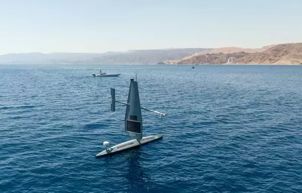 Two unmanned surface vessels, a Saildrone Explorer and Devil Ray T-38, operate in the Gulf of Aqaba during exercise Digital Shield on September 21. [Courtesy photo via US Navy]