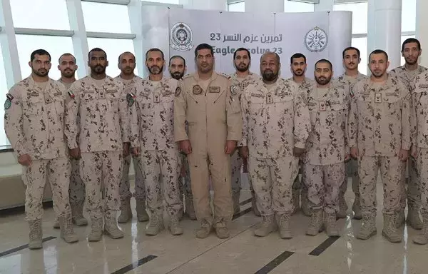 UAE forces participating in Eagle Resolve 23, a joint military exercise between the United States and GCC countries, pose for a picture at the Air Warfare Centre at King Abdulaziz Air Base, Saudi Arabia. [UAE Ministry of Defence]