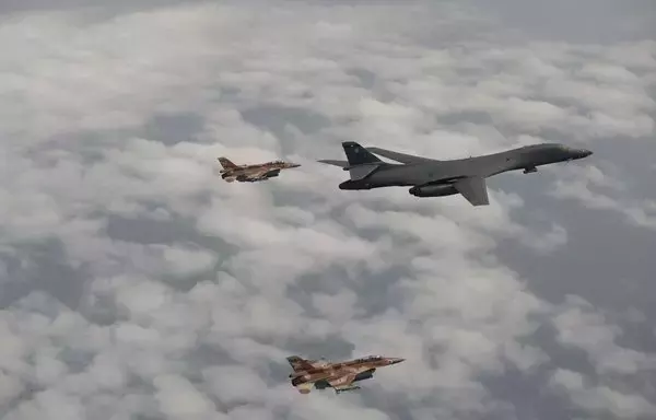 Two Israeli F-16s accompanied a US B-1B over Israeli airspace on June 8. [Israeli Air Force]