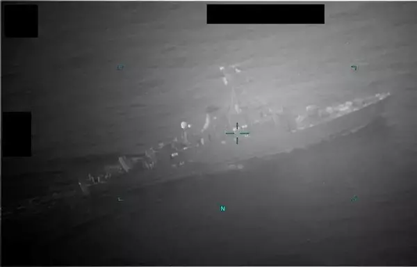 A video screenshot of an Iranian naval vessel approaching M/T Richmond Voyager during an attempt to unlawfully seize the commercial tanker in the Gulf of Oman on July 5. [Courtesy photo/NAVCENT]