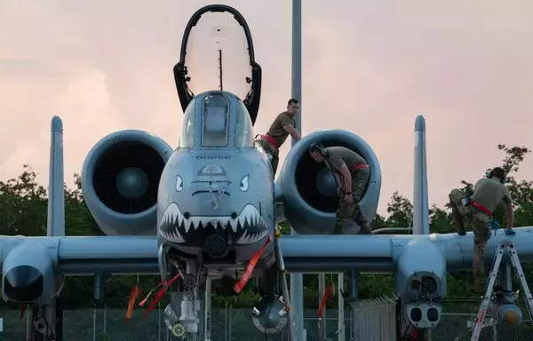 Maintainers perform a post-flight inspection on an A-10 Thunderbolt II at Muniz Air National Guard Base, Puerto Rico, February 16. [US Air Force]