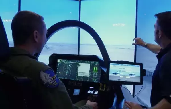 A pilot in training with an F-35 simulator at Ramstein Air Base in Germany. [US Air Force]