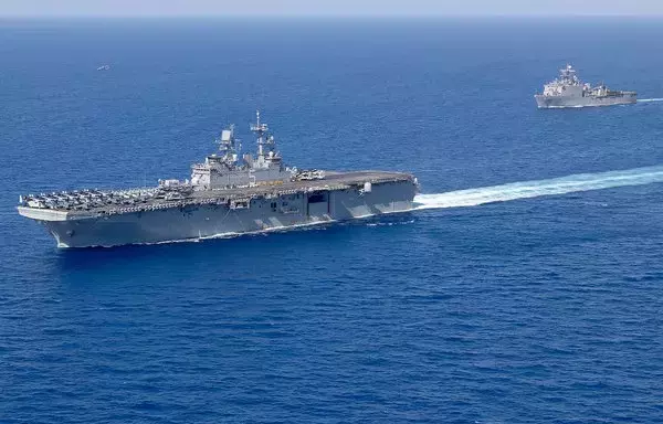 USS Bataan and USS Carter Hall sail on the Mediterranean Sea on August 3. They arrived in the Middle East three days later. [US Department of Defense]