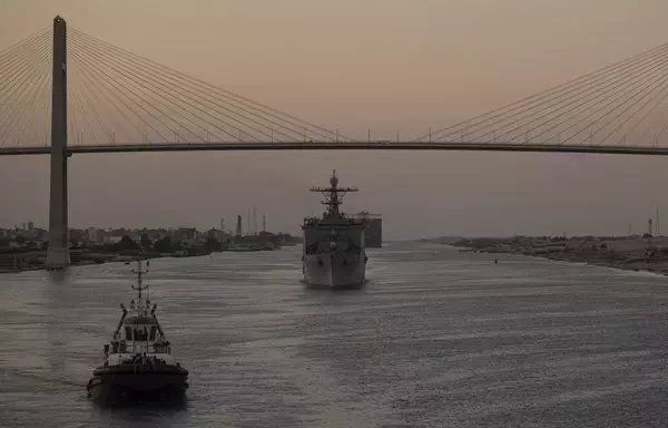 Amphibious dock landing ship USS Carter Hall transits the Suez Canal on August 6.