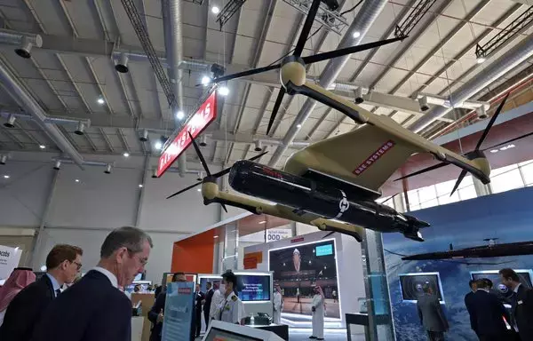 A military drone is displayed at Saudi Arabia’s first World Defense Show, north of the capital Riyadh, on March 8, 2022. [Fayez Nureldine/AFP]