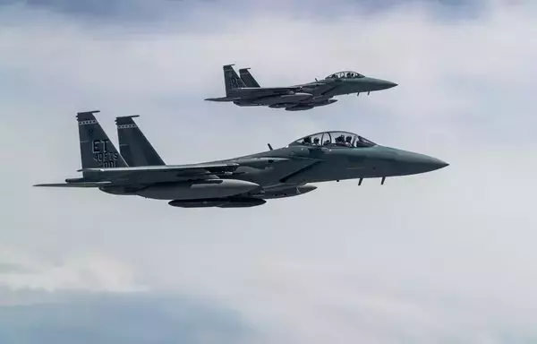 F-15EX Eagle II's, both out of Eglin Air Force Base, Florida, fly in formation during aerial refueling over northern California May 14, 2021. The aircraft participated in the Northern Edge 21 exercise in Alaska earlier in May. [US Air Force]