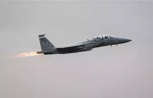 The first F-15EX departs a Boeing facility in St. Louis, Missouri, en route to Eglin Air Force Base, Florida, in March 2021. [Boeing]