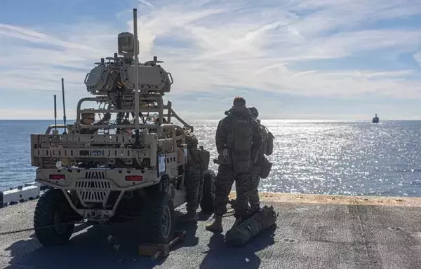 US Marines with the 26th Marine Expeditionary Unit track a simulated adversary vessel by using the Light Marine Air Defense Integrated System (L-MADIS) and a Counter Unmanned Aerial Surveillance Utility Task Vehicle during a defense of the amphibious task force (DATF) drill aboard the Wasp-Class Amphibious Assault Ship USS Bataan on January 28. [US Marine Corps]