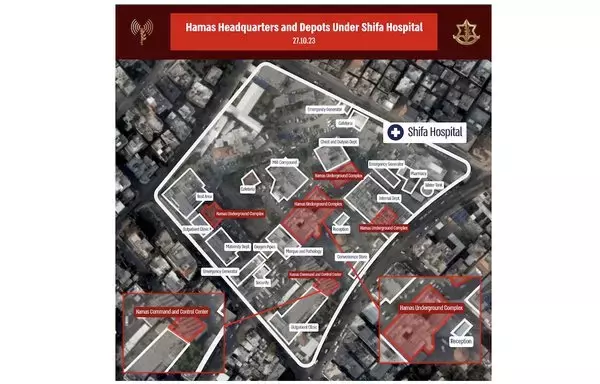 نشرت قوات الدفاع الإسرائيلية في 27 تشرين الأول/أكتوبر خريطة مفصلة لمستشفى الشفاء في غزة، توضح فيها وجود العديد من المجمّعات تحت الأرض ومراكز مراقبة وتقول، موضحة أن حماس تستخدمها. [جيش الدفاع الإسرائيلي]