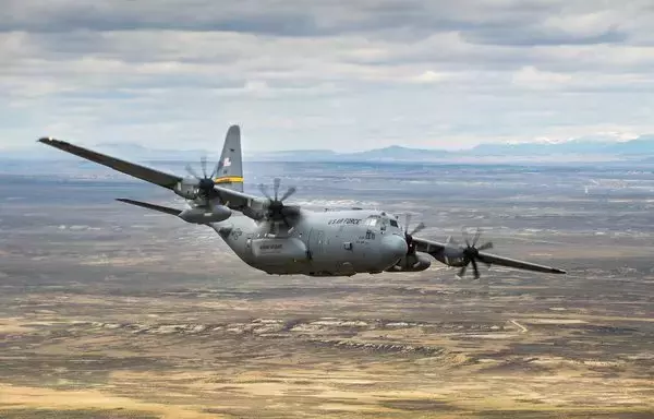 A C-130 Hercules from the 153d Airlift Wing, Wyoming Air National Guard, flies over the state of Wyoming May 15, 2020. [US Air National Guard/Staff Sgt. Jon Alderman]