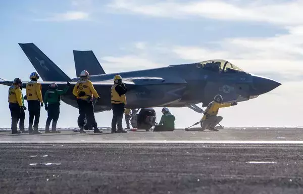 An F-35C Lightning II prepares to launch from the flight deck of the Nimitz-class aircraft carrier USS Carl Vinson on February 3. [US Navy]