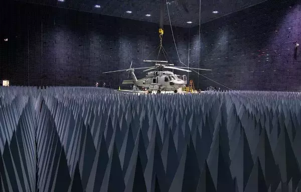 A US Navy helicopter undergoes testing in an anechoic chamber. [US Navy]