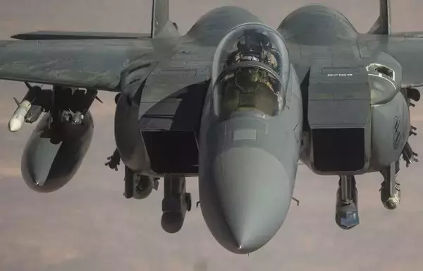 A US Air Force F-15E Strike Eagle flies a combat patrol mission within CENTCOM's area of responsibility (AOR) February 18, 2023. Fighter aircraft routinely conduct patrols within the CENTCOM AOR to ensure combat airpower dominance, deter adversaries and ensure regional security and stability. [US Air Force]