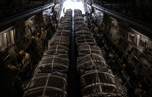 Two US C-17s dropped over 46,000 meal equivalents into northern Gaza in a joint operation on March 29. [CENTCOM]