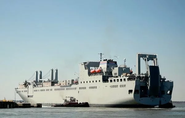 The MV Benavidez departs its pier in Newport News, Virginia, March 21, carrying heavy equipment and material needed to construct a temporary pier off the coast of Gaza. [US Navy Military Sealift Command]