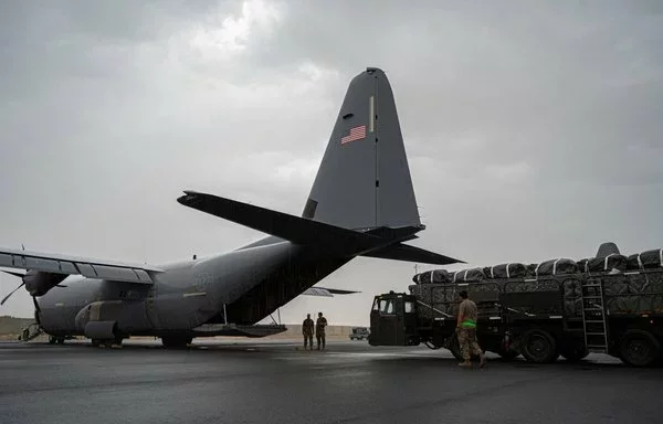 US cargo plane being loaded up with humanitarian aid destined for Gaza on April 30. [CENTCOM]
