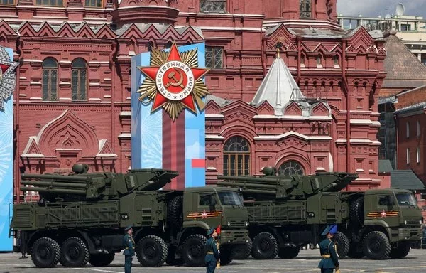 Pantsir-S air defense systems move through Moscow May 7, 2021, during a rehearsal for the Victory Day parade. [Dimitar Dilkoff/AFP]
