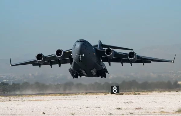 A C-17 Globemaster III takes off in Nevada on May 29. [US Air Force]