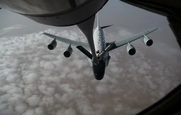 A US Air Force RC-135 Rivet Joint receives fuel from a KC-135 Stratotanker during a mission within the US Air Force Central Command area of responsibility on May 26, 2019. [US Air Force]