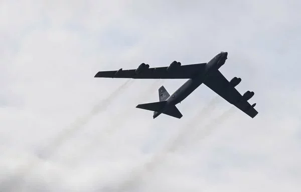 A US Air Force B-52 Stratofortress flies over the Farnborough International Airshow in Farnborough, United Kingdom, July 24. [US Air Force]