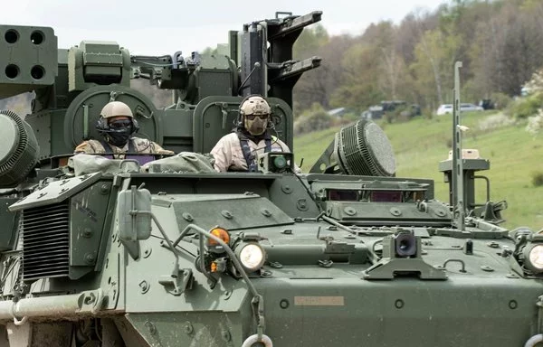 US Army soldiers conduct driver training on the M-SHORAD Stryker, April 23, 2023, in Germany. [US Army]