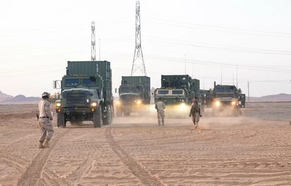 US Marines and soldiers stage tactical vehicles during exercise Native Fury 24 in Saudi Arabia, May 9. [US Marine Corps]