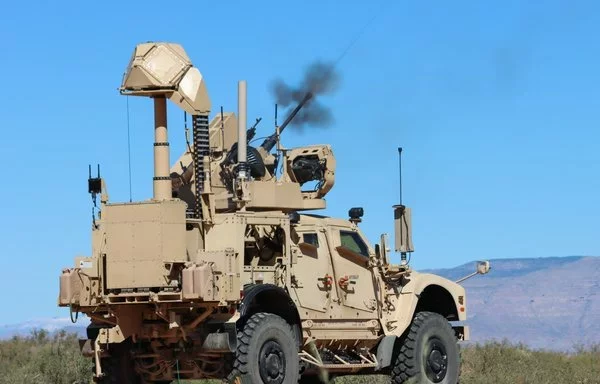 A mobile version of the Low, Slow, Small Unmanned Aerial Vehicle Integrated Defense System (LIDS) engages an aerial target during training near Fort Bliss, Texas, October 24, 2022. The fixed-site version (FS-LIDS) can provide stationary support for an installation, asset or site. [US Army National Guard]