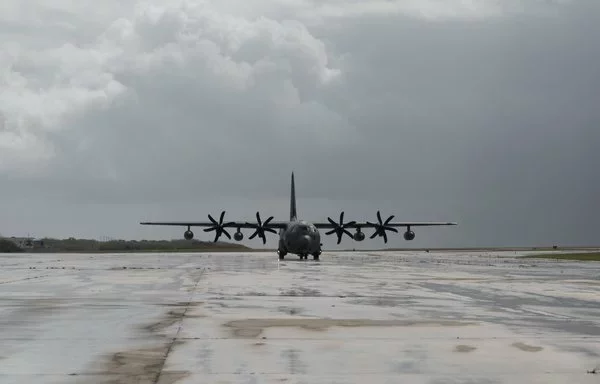 A US Air Force HC-130 Combat King II taxis on the runway to be parked and configured for static display at Saipan International Airport, Northern Mariana Islands, April 13. [US Air Force]