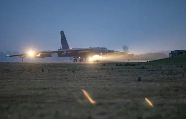 A US Air Force B-52H Stratofortress aircraft arrives at RAF Fairford, England, on February 11. [US Air Force]