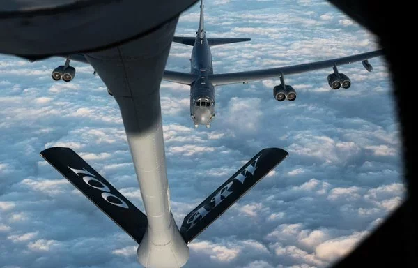 A US Air Force B-52 Stratofortress approaches a KC-135 Stratotanker to receive fuel during a Bomber Task Force mission over the Mediterranean Sea, February 20. [US Air Force]