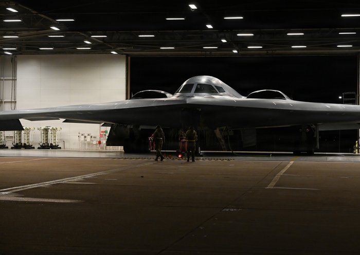 US Air Force crew chiefs conduct pre flight inspections on a B-2 Spirit stealth bomber during Operation Epic Fury